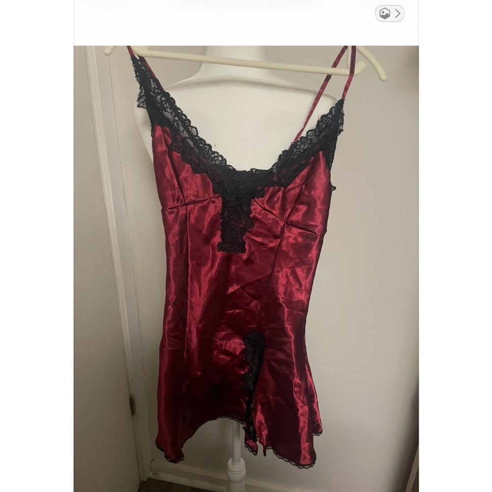 Frederick's of Hollywood Burgundy Satin Chemise with Black Lace